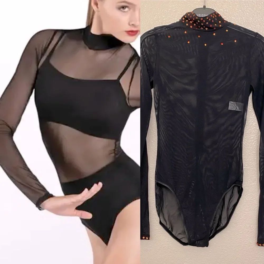 WEISSMAN Balera Dance black Long Sleeve Mesh Leotard overlay SM11109 SA adult